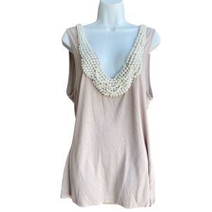 BOSTON PROPER Jewel Neck Beaded Tunic Tank Top XL Beige Scoop-neck Modal Knit